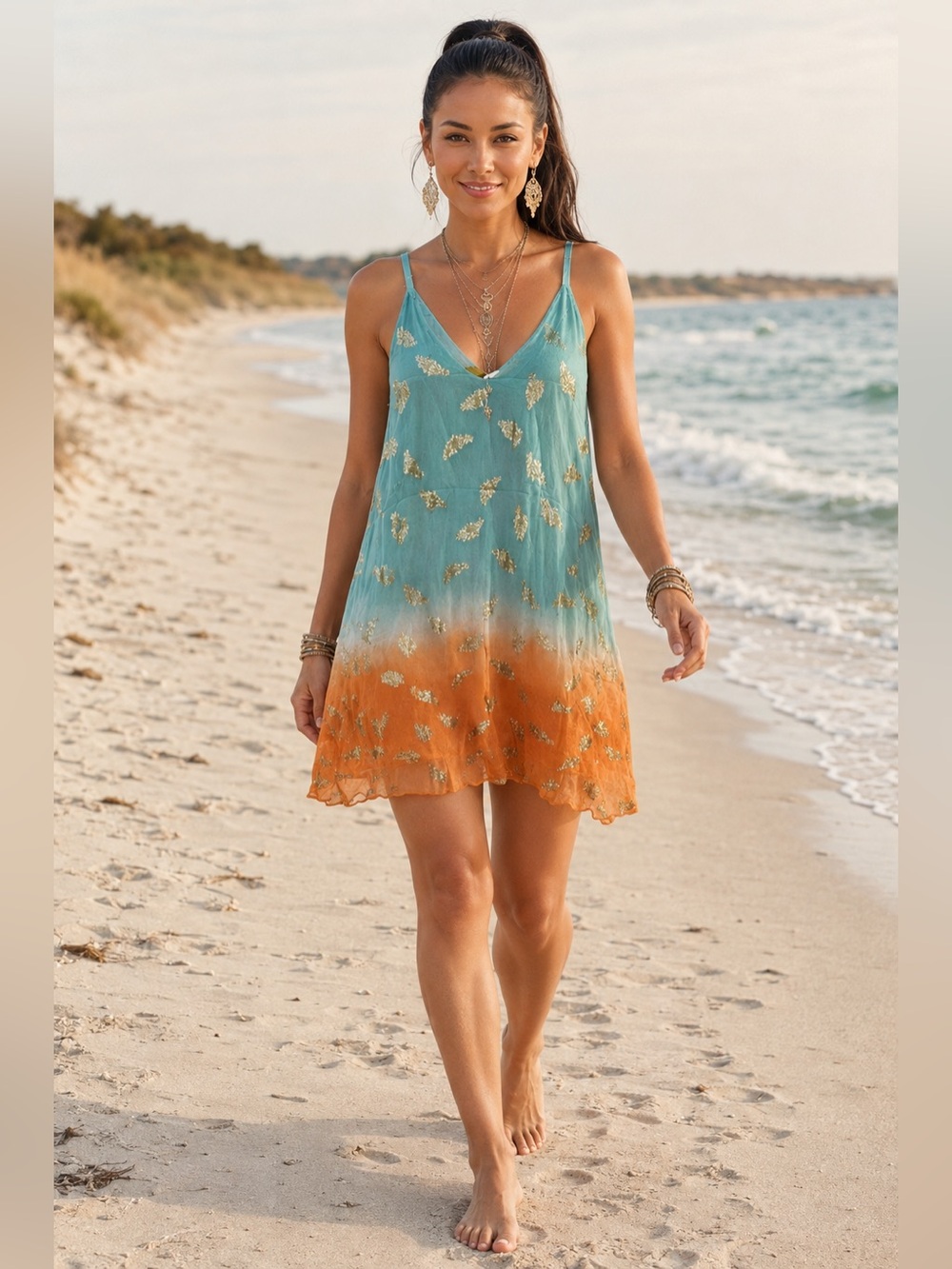 ⛱️ H098 NWT A Rare Bird S/M ptOmbre Teal to Orange Mini Dress Gold Leaf Accent
